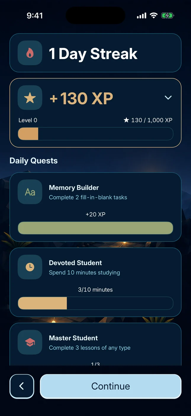 BibliXP lesson rewards: 1 day streak, +130 XP and Daily Quests